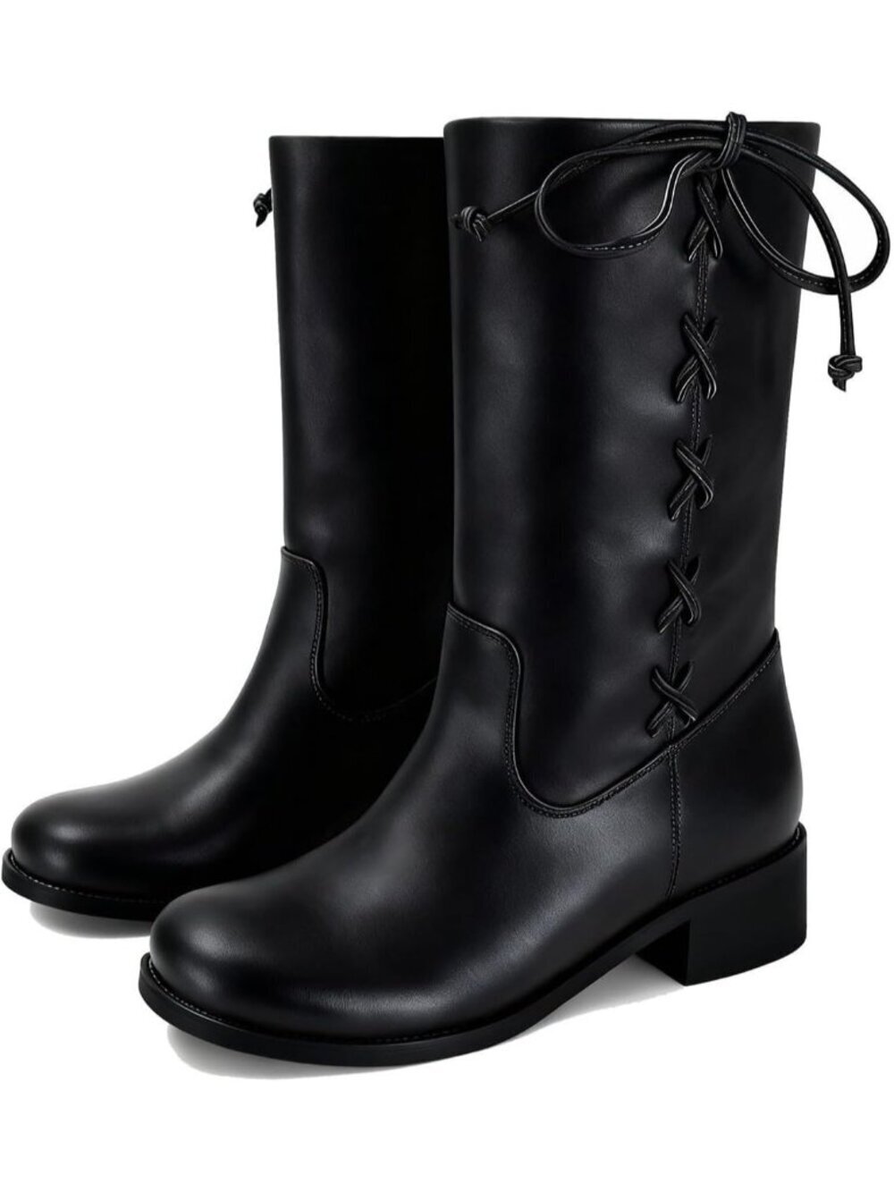 Women's Black Wide Lace up Chunky Low Heel Booties Comfortable Round Toe Boots